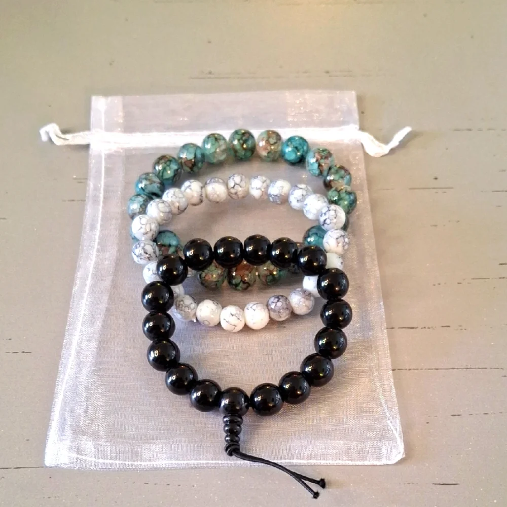 Set of Three Beaded Bracelets in Black, White, and Turquoise - Picture 1 of 6